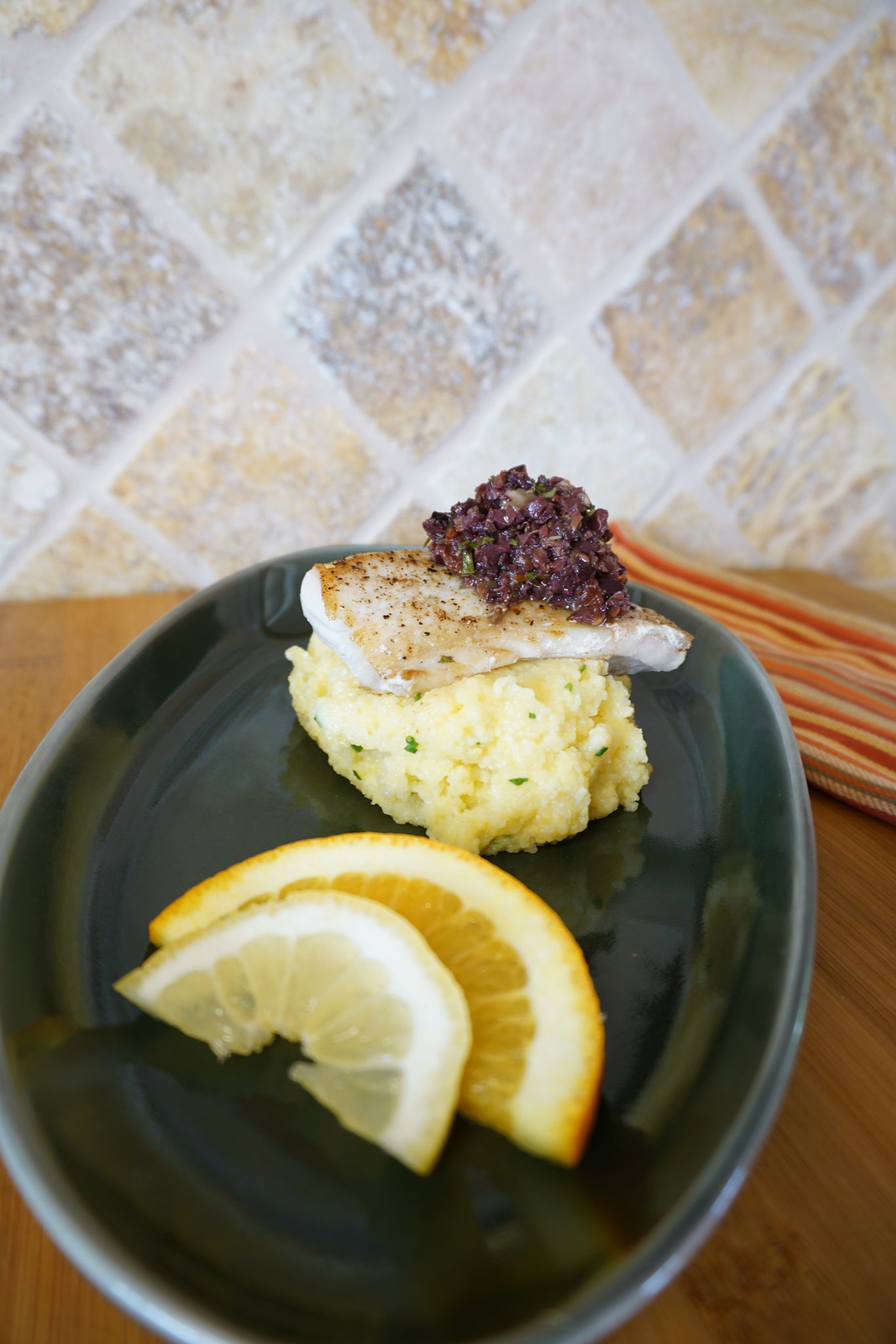 Mediterranean Sablefish with Olive Tapenade and Parmesan-Chive Polenta